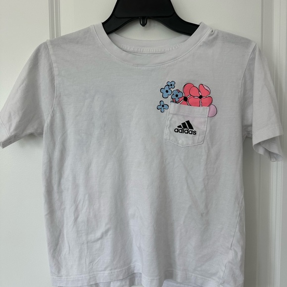 Adidas Kids White Tee with Pink and Blue Floral Accents - Picture 1 of 4